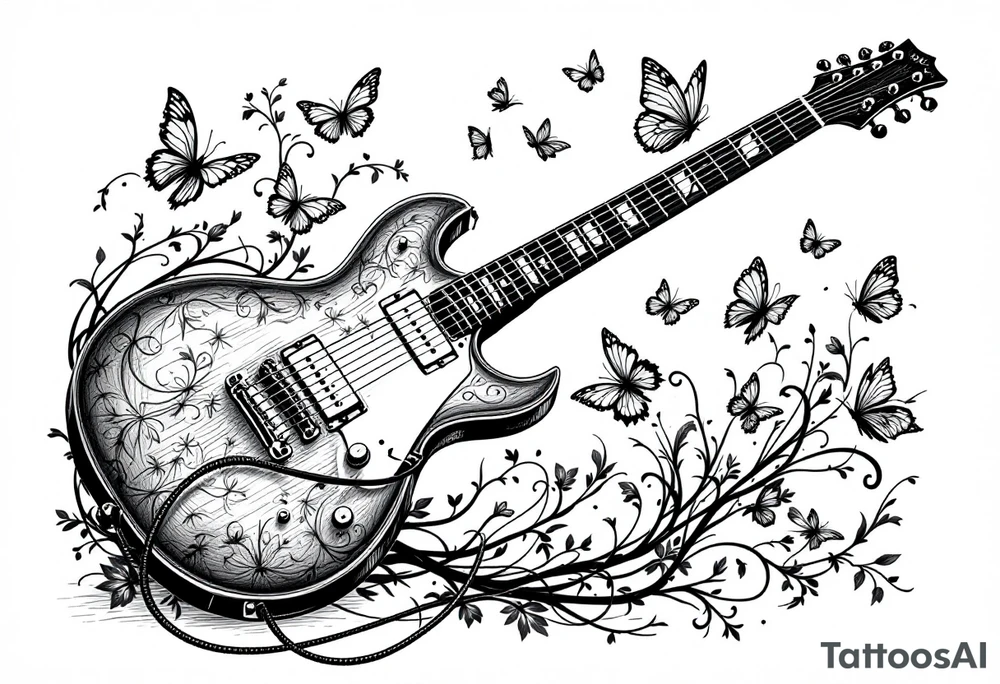 An electric guitar plugged into an amp with butterflies flying around it in memory of tattoo tattoo idea