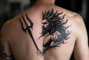 young poseidon, with trident, looking at the horizon tattoo idea