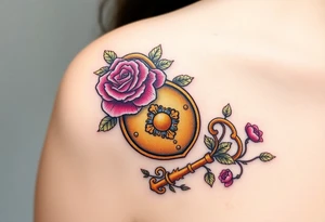 A rose-covered golden lock with a floral-shaped key lying nearby the lock, with vines wrapping gently around them tattoo idea