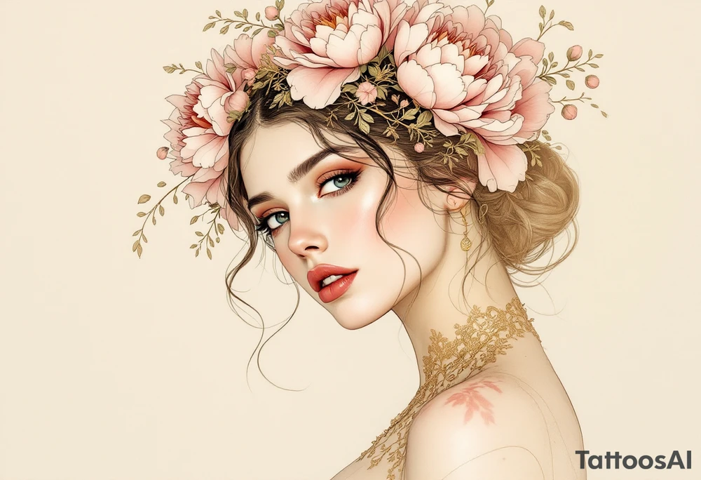 Alfons Mucha’s romantic vision of femininity, dressed in soft gold with a crown of dusty pink peonies and olive filigree. tattoo idea