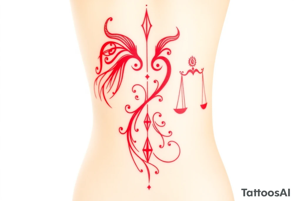 Tattoo that combines the star sign Taurus and Libra ,in red , down the spine tattoo idea