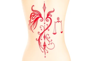 Tattoo that combines the star sign Taurus and Libra ,in red , down the spine tattoo idea