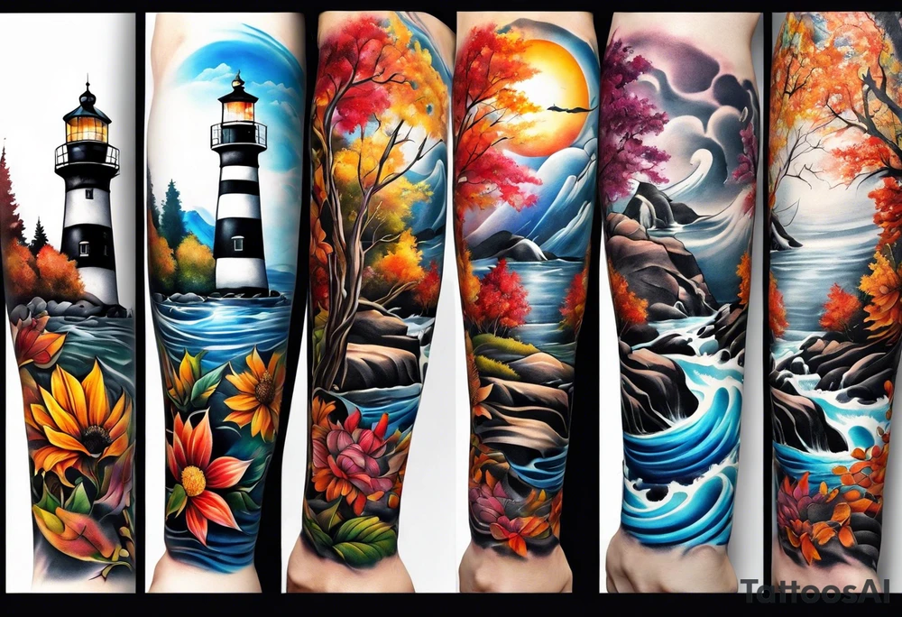 Arm sleeve with fall colors, various flowers, water flow, water splash, light house tattoo idea