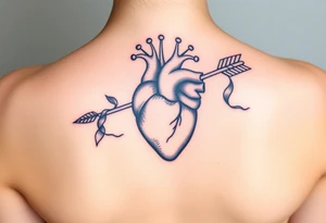 anatomical heart pierced by ornate arrow with flowing ribbons tattoo idea