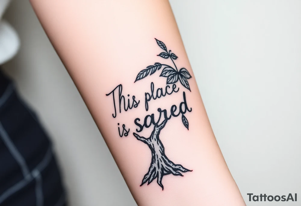 Hand written writing that says This place is sacred written on the trunk of a small breadfruit tree tattoo idea