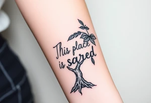 Hand written writing that says This place is sacred written on the trunk of a small breadfruit tree tattoo idea
