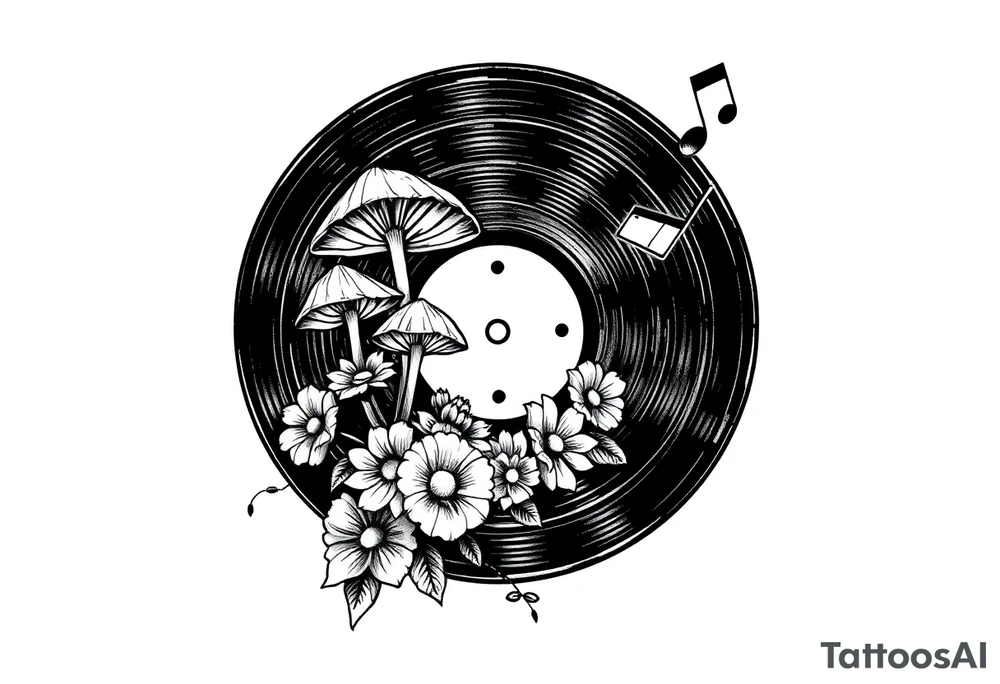 vinyl record with mushrooms, flowers, and music notes tattoo idea vinyl record with mushrooms, flowers, and music notes tattoo idea
