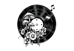 vinyl record with mushrooms, flowers, and music notes tattoo idea