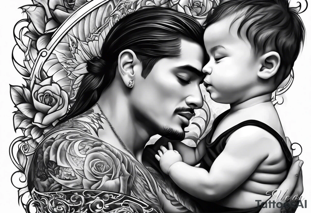 Father and baby son half sleeve tattoo idea