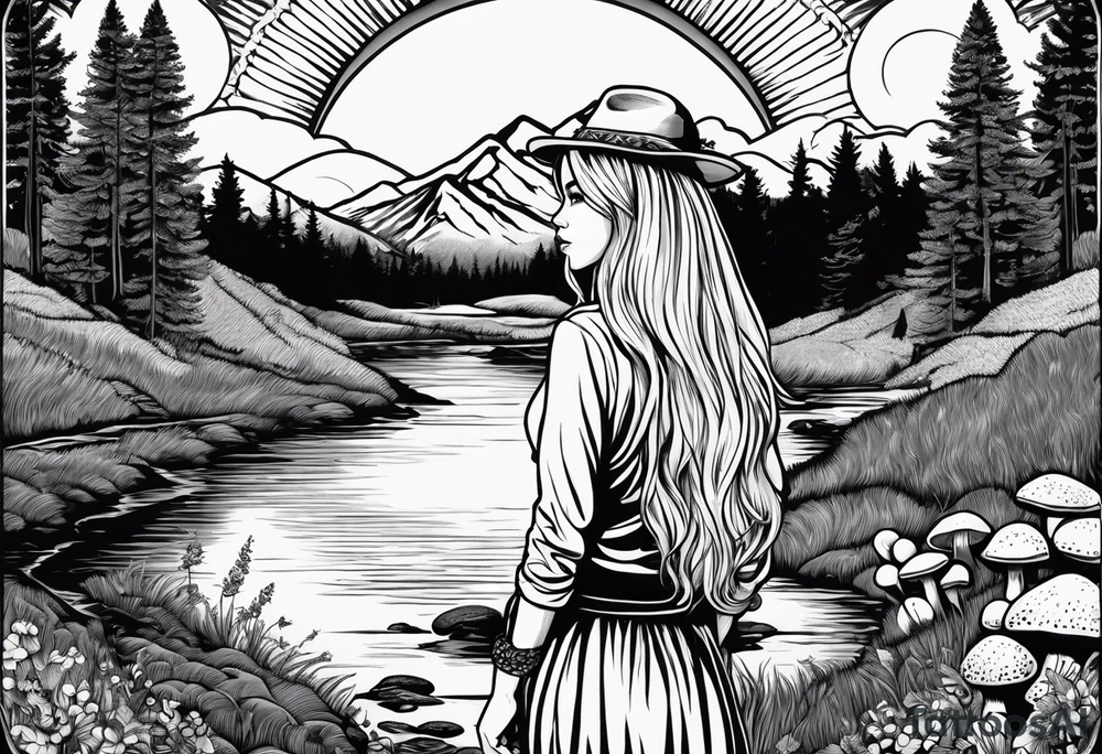 Whole picture encircled fully

Straight long blonde hair hippie girl in distance holding mushrooms in hand facing away toward mountains and creek surrounded by mushrooms long sleeve shirt and hiking pants; whole rendering within a full circle, no cut off circle tattoo idea