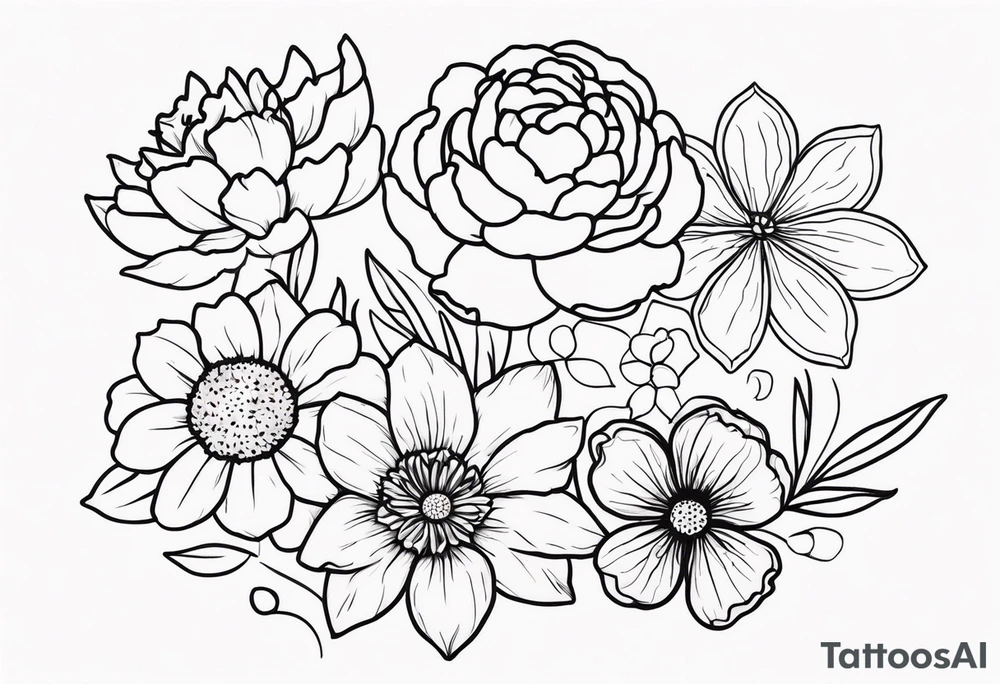 make me a flower design tattoo, that has 8 flowers peony, carnation, daffodil, daphne, dahlia, desiree, daisy and rose tattoo idea