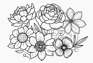 make me a flower design tattoo, that has 8 flowers peony, carnation, daffodil, daphne, dahlia, desiree, daisy and rose tattoo idea