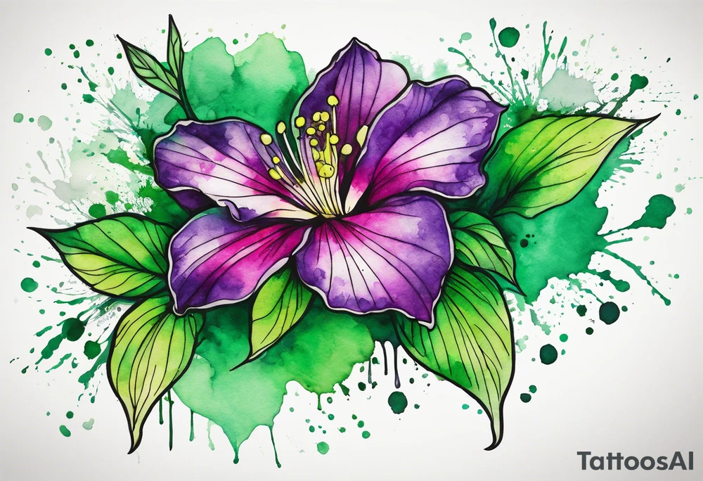 An outline of an only green rio dipladenia flower and a green and purple watercolor splash in the background tattoo idea