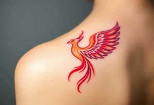 Square, phoenix rising from fire with both wings opened, colors red, pink, orange and purple. tattoo idea