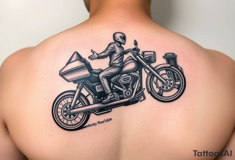 a two person on a Harley Road Glide 2018 on a forearm and a harley's engine on the top of the hand tattoo idea