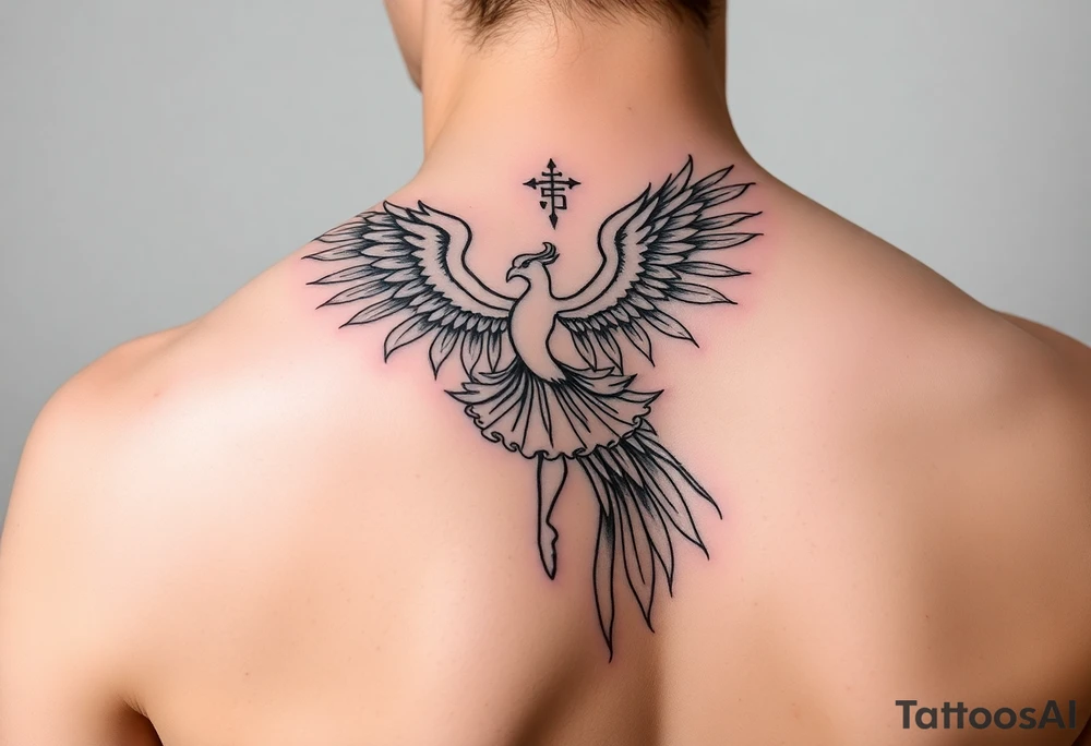 Feminine fine line, incorporating a phoenix, a ballet dancer and a Japanese symbol tattoo idea