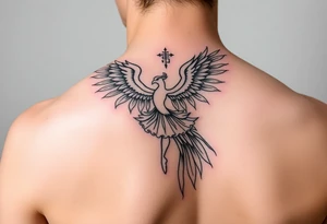 Feminine fine line, incorporating a phoenix, a ballet dancer and a Japanese symbol tattoo idea