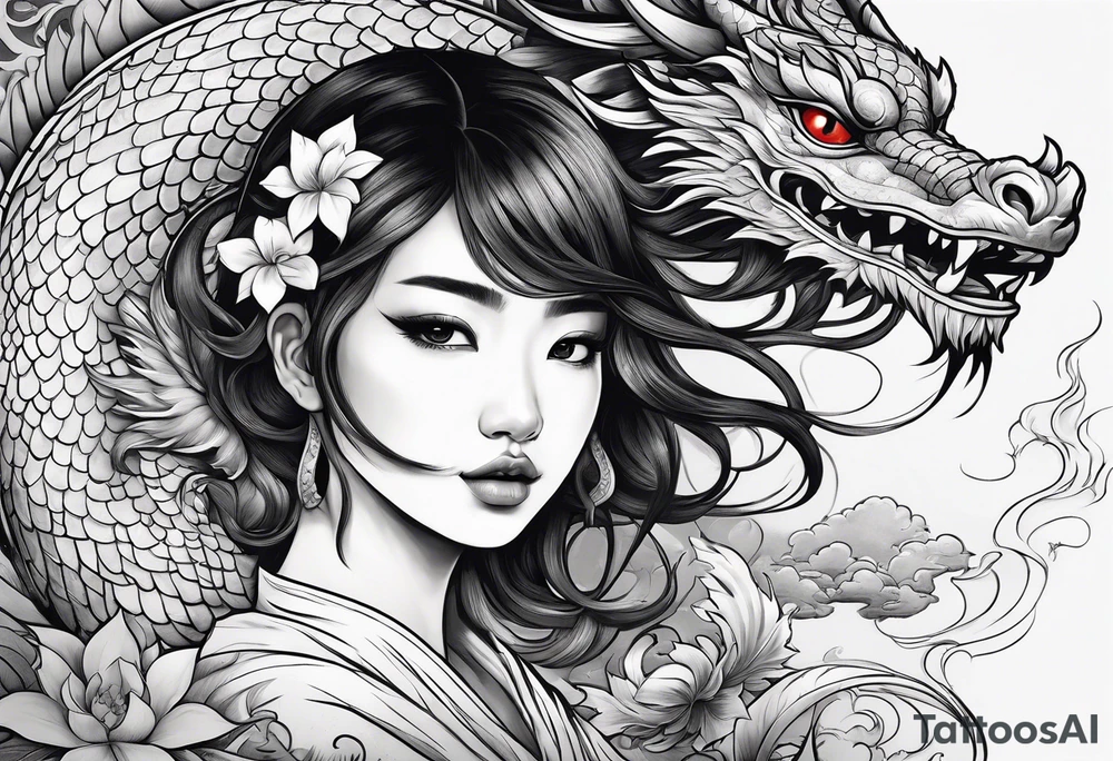 a girl seen from far, surrounded by asian dragon with wings tattoo idea