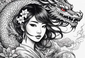 a girl seen from far, surrounded by asian dragon with wings tattoo idea