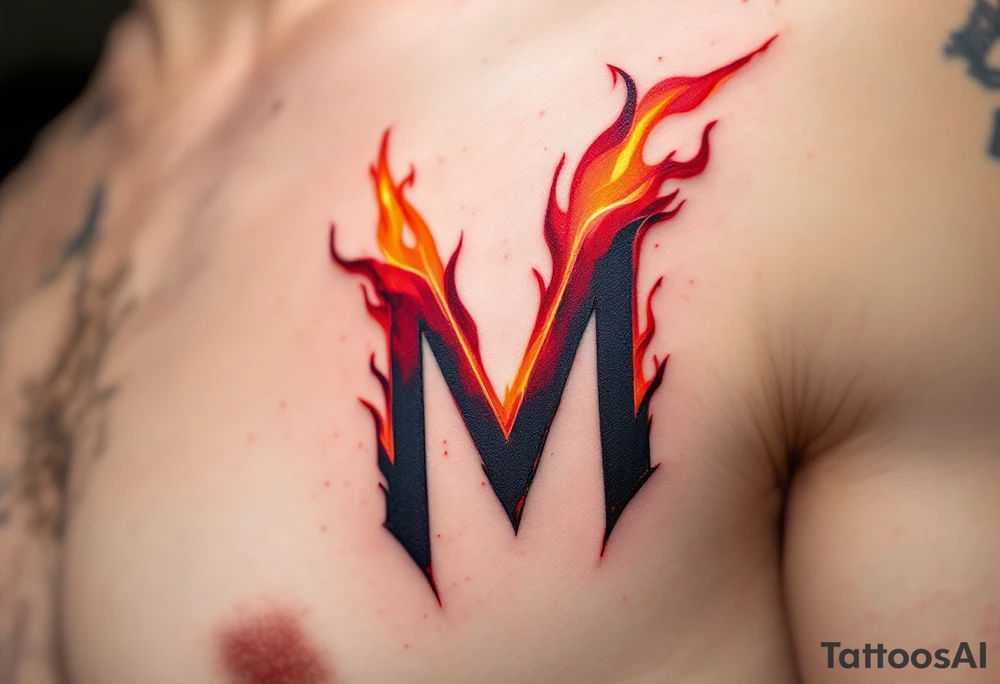 A flame-tipped "M" in gradient red to black, suggesting intensity and strength. tattoo idea