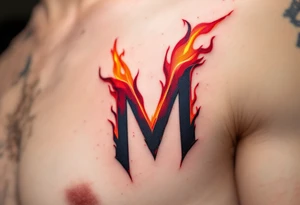 A flame-tipped "M" in gradient red to black, suggesting intensity and strength. tattoo idea