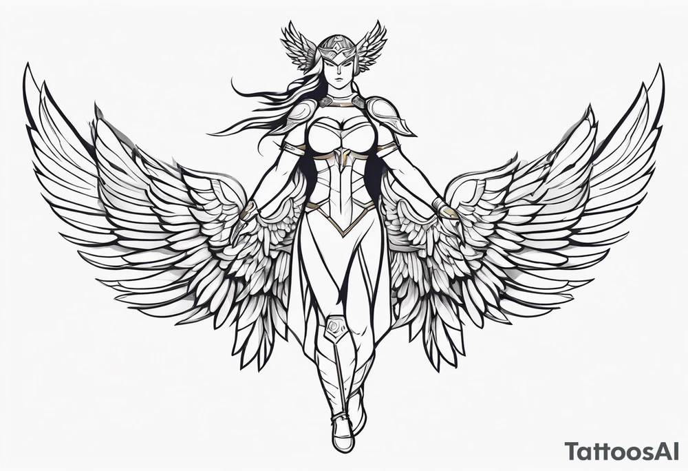 The full body of a Valkyrie with wings tattoo idea