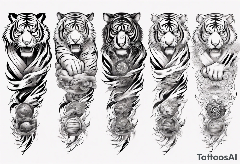 Tiger sleeve tattoo with lightning and the sun tattoo idea