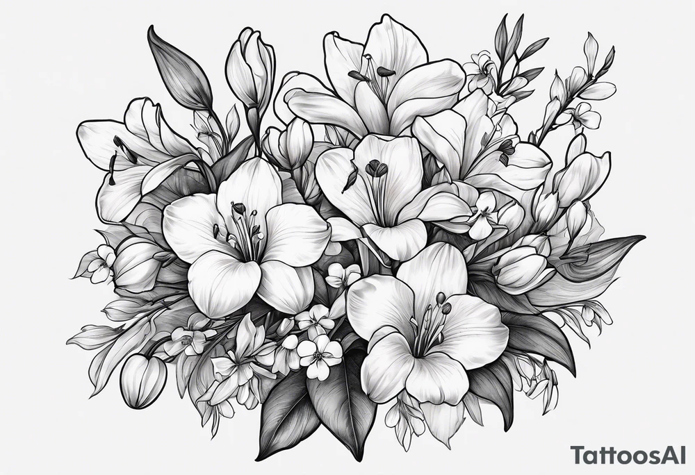 i want a bouquet of flowers that include a snowdrop, iris, cherry blossom, daisy and morning glory tattoo idea