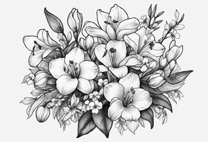 i want a bouquet of flowers that include a snowdrop, iris, cherry blossom, daisy and morning glory tattoo idea