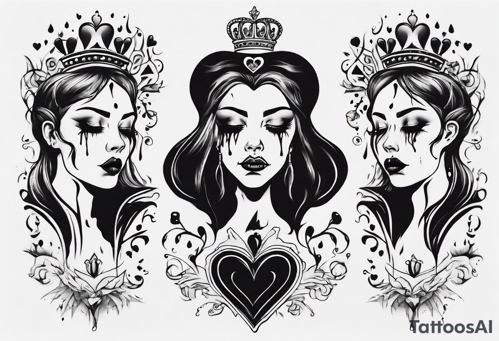 queen of hearts crying black tears, with blank eyes tattoo idea