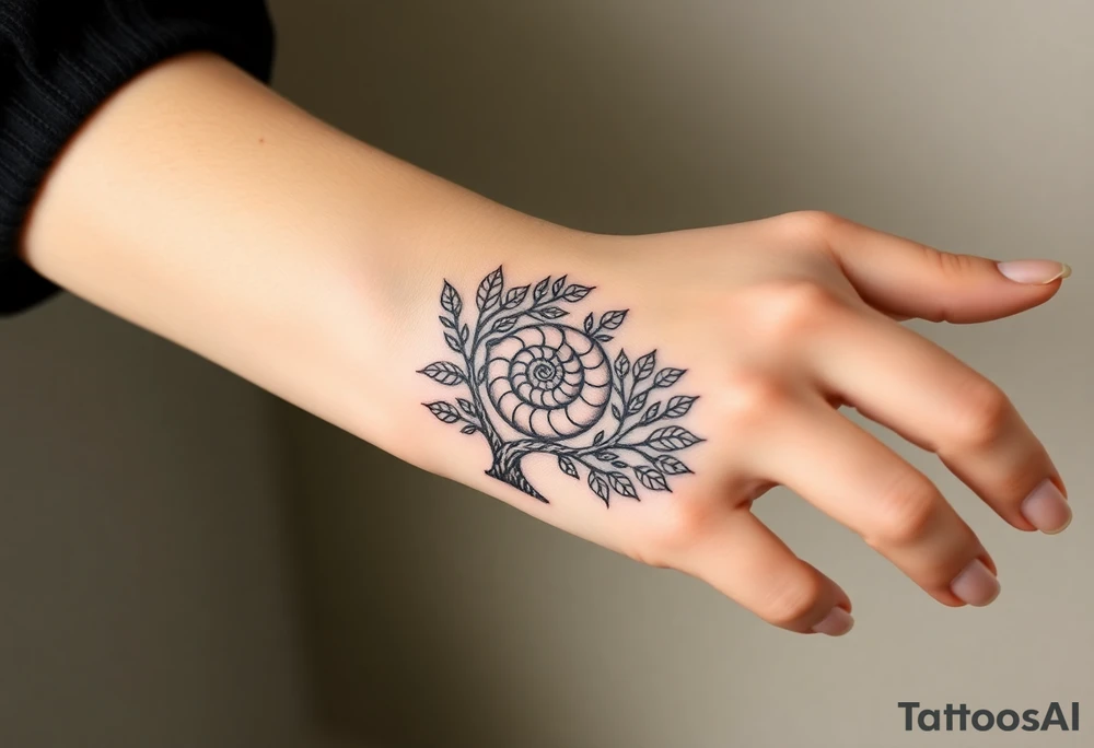 Fibonacci spiral shell inside of tree full of lots of leaves tattoo idea