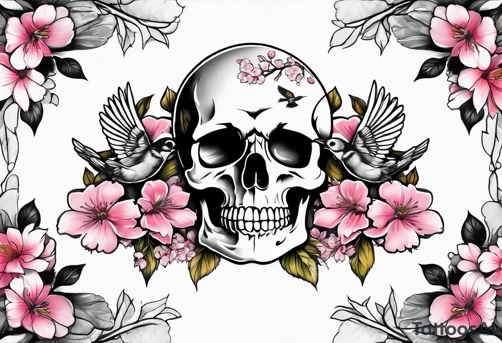 Skulls in cherry blossoms with 3 chickadees full sleeve tattoo idea