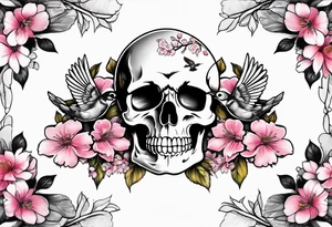 Skulls in cherry blossoms with 3 chickadees full sleeve tattoo idea