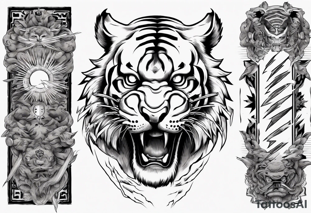 Ancient tiger with lightning and a sun for a forearm sleeve. With patterns surrounding it tattoo idea