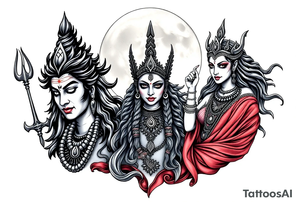 Lord Shiva, Godess Kali, Godess Lilith Together with the moon in the background tattoo idea