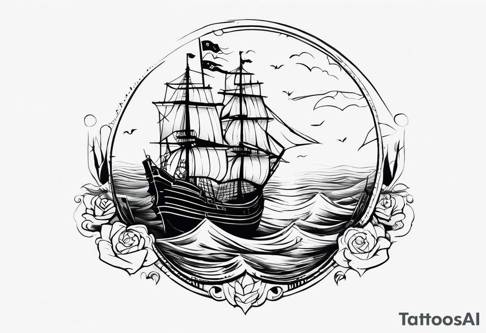 I have already a sleeve tattoo that the theme is about sea in my shoulder I have one pirate woman and I want you to create a tattoo on the chest that us connected with the woman key words is pirates ,sea ,captain tattoo idea