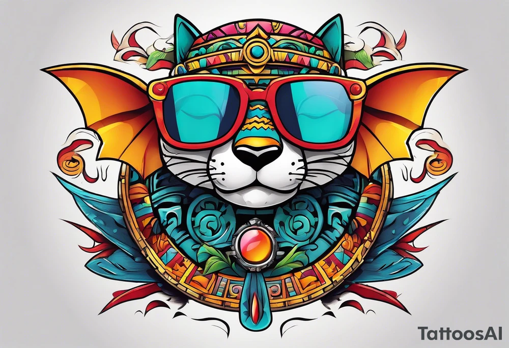 Colorful Mayan hieroglyph wearing sunglasses with bats and water tattoo idea