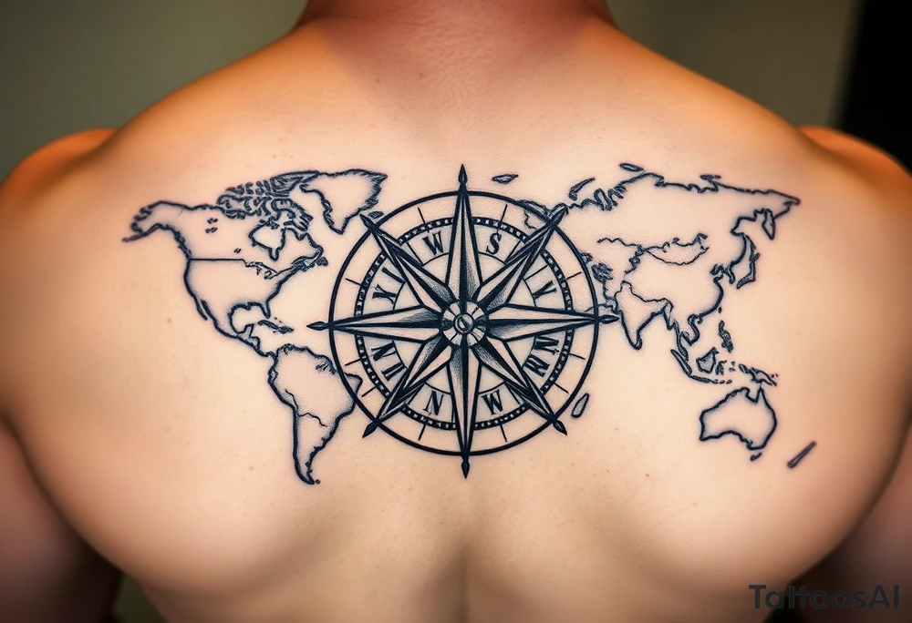 antique compass rose overlaid on weathered world map with sailing ships tattoo idea