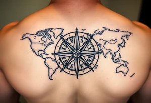 antique compass rose overlaid on weathered world map with sailing ships tattoo idea
