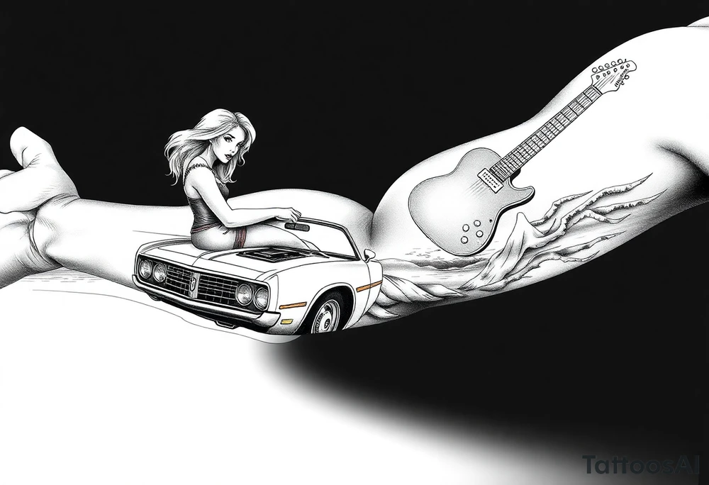 I want a sleeve that starts with a beach with dale Earnhardt car on the beach with a hot blonde 80’s girl with big hair on the hood. Then an ocean with big waves then a big dark sky with the Milky Way in it and Jimi Hendrix Stratocaster in the sky tattoo idea