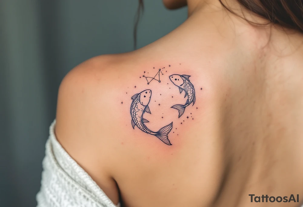 The Pisces zodiac sign floats beneath a delicate constellation drawn in pearlescent ink over a night-sky backdrop. tattoo idea