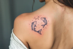 The Pisces zodiac sign floats beneath a delicate constellation drawn in pearlescent ink over a night-sky backdrop. tattoo idea
