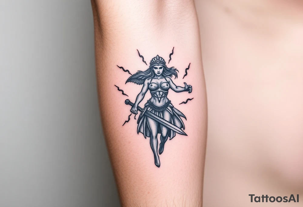 Greek goddess warrior with long dagger and realistic lighting bolts going around body Greek mythology style with dark shading tattoo idea