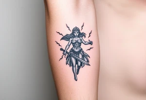 Greek goddess warrior with long dagger and realistic lighting bolts going around body Greek mythology style with dark shading tattoo idea