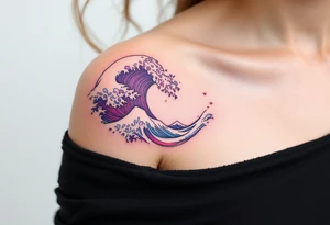 A pastel pink and purple wave dances around the shoulder, evoking a dreamy sunset surf. tattoo idea