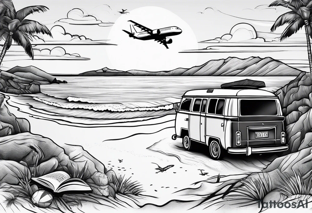 Beach with hills behind, a rugby ball, wine bottle and book on the beach, a plane in the sky and a campervan tattoo idea