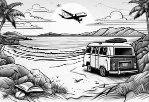 Beach with hills behind, a rugby ball, wine bottle and book on the beach, a plane in the sky and a campervan tattoo idea