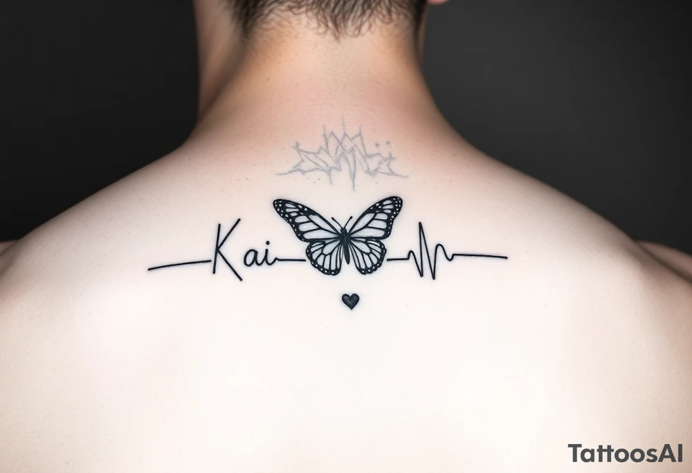 A forearm tattoo that is a heart beat and translations into the name “Kai” and have a small butterfly as the dot in the letter “i” tattoo idea