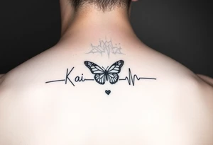 A forearm tattoo that is a heart beat and translations into the name “Kai” and have a small butterfly as the dot in the letter “i” tattoo idea