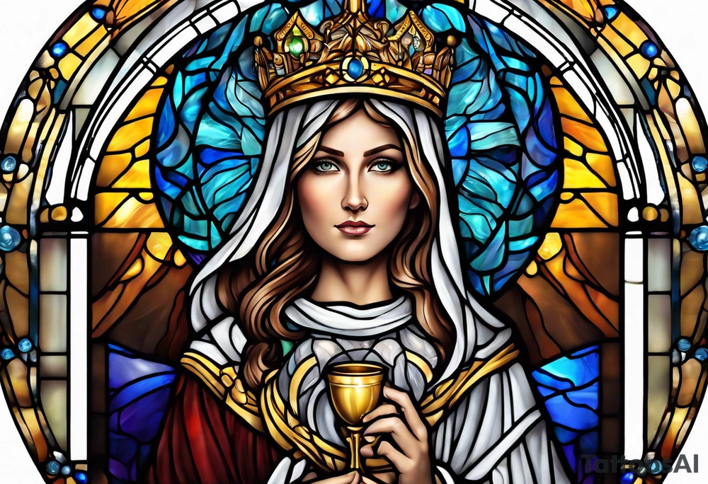holy saint woman with halo stained glass holding a chalice with artillery tattoo idea
